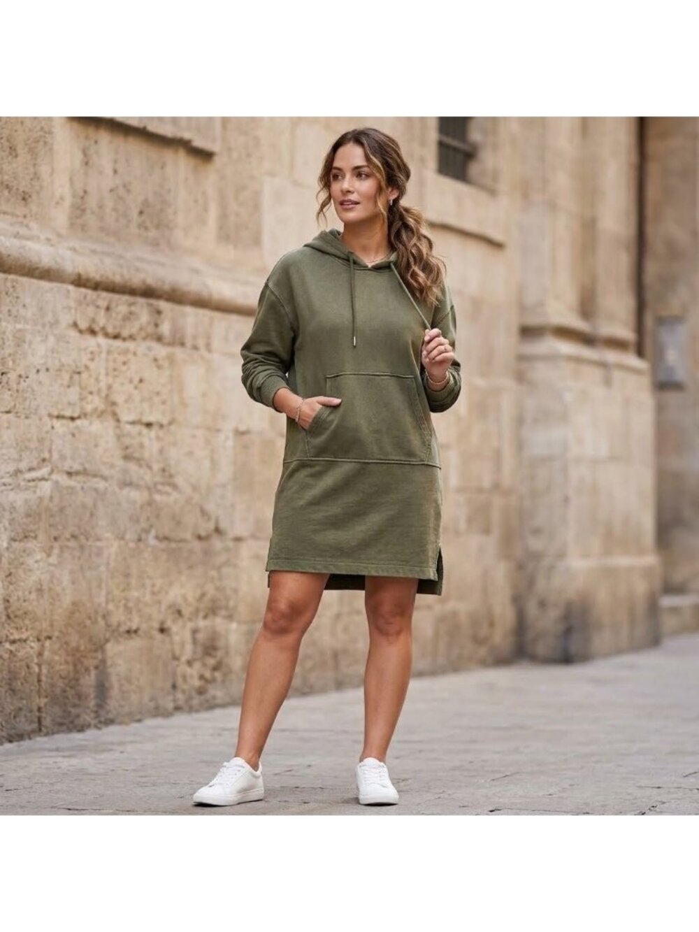 7 For All Mankind Hoodie Sweatshirt Dress Long Sleeve Pocket Olive Green Sz S